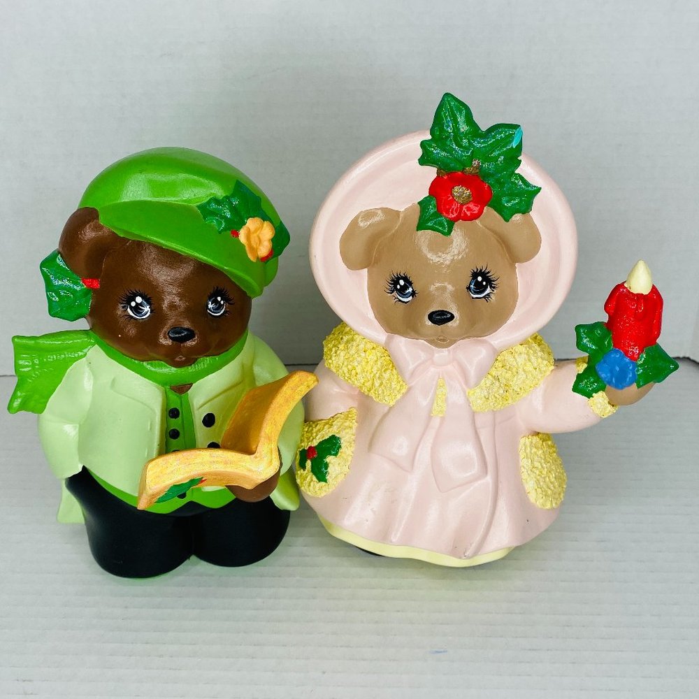 Set of 2 Vintage Hobbyist Ceramic Christmas Carolers Teddy Bears Figurines